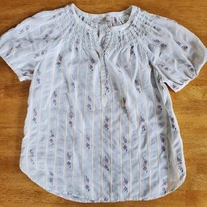 LOFT Short Sleeve Blouse Smoked Details Grandmacore Cottage Core 100% Cotton